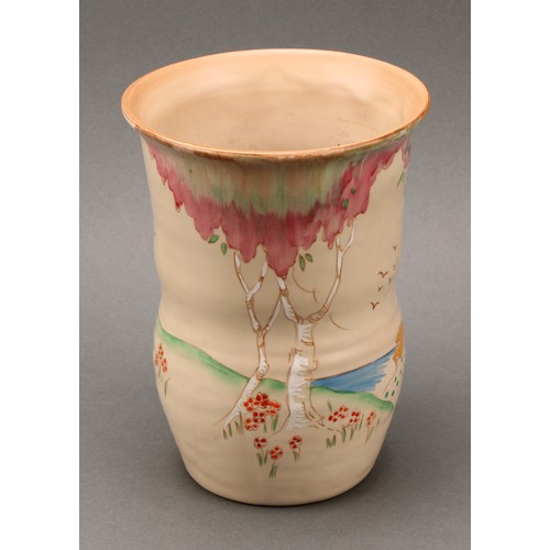 3008 - A Clarice Cliff Pink Taormina pattern waisted vase, decorated in polychrome, 17.5cm high, printed ma... 