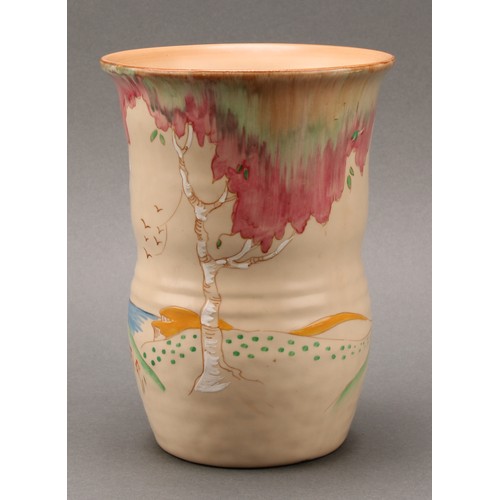 3008 - A Clarice Cliff Pink Taormina pattern waisted vase, decorated in polychrome, 17.5cm high, printed ma... 