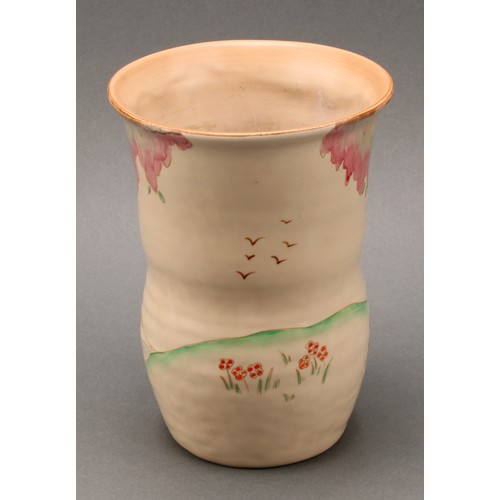 3008 - A Clarice Cliff Pink Taormina pattern waisted vase, decorated in polychrome, 17.5cm high, printed ma... 