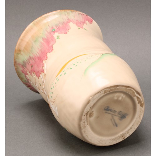 3008 - A Clarice Cliff Pink Taormina pattern waisted vase, decorated in polychrome, 17.5cm high, printed ma... 