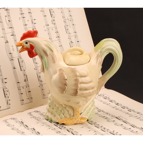 3007 - A Clarice Cliff novelty teapot and cover, modelled as a cockerel, painted in muted tones, 19.5cm hig... 