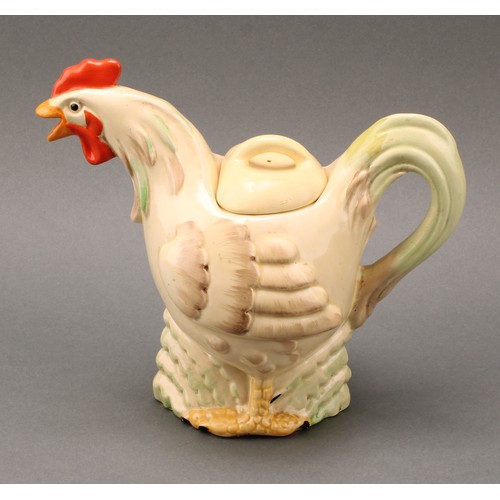 3007 - A Clarice Cliff novelty teapot and cover, modelled as a cockerel, painted in muted tones, 19.5cm hig... 