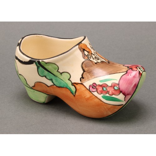 3006 - A Clarice Cliff Fantasque Bizarre clog, Alton pattern, Newport Pottery, England, 10cm long, printed ... 