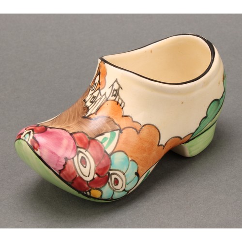 3006 - A Clarice Cliff Fantasque Bizarre clog, Alton pattern, Newport Pottery, England, 10cm long, printed ... 