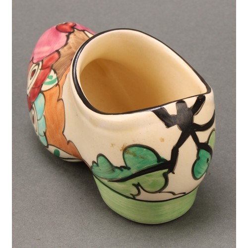 3006 - A Clarice Cliff Fantasque Bizarre clog, Alton pattern, Newport Pottery, England, 10cm long, printed ... 