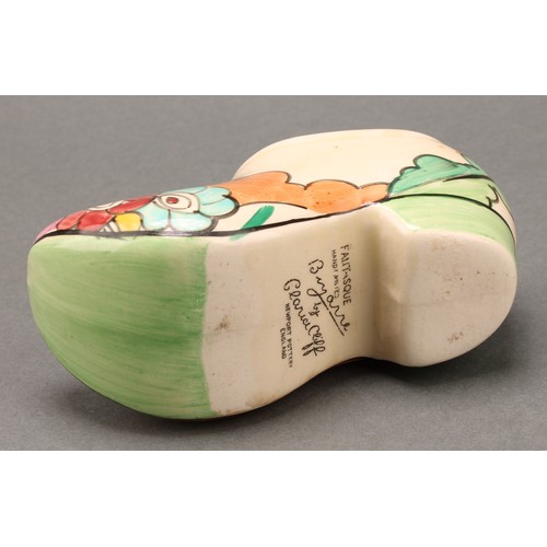 3006 - A Clarice Cliff Fantasque Bizarre clog, Alton pattern, Newport Pottery, England, 10cm long, printed ... 