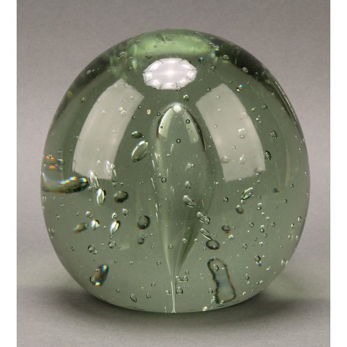 3233 - A Victorian large green glass dump, with bubble inclusions, 15.5cm, c.1870