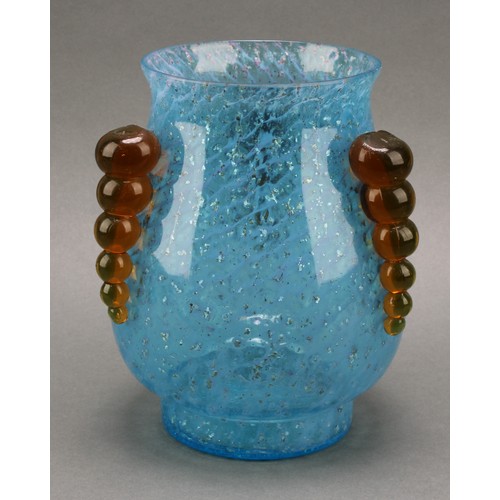 3230 - A studio glass vase, the blue ovoid body with flecked inclusions, three graduated bubble lug handles... 