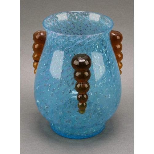 3230 - A studio glass vase, the blue ovoid body with flecked inclusions, three graduated bubble lug handles... 