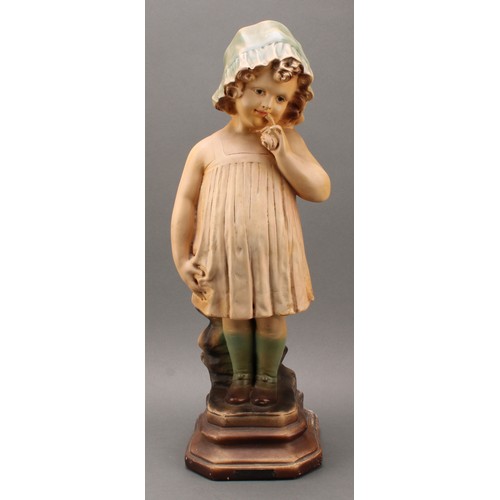 3016 - An early 20th century large chalk figure, The Shy Girl, in blue bonnet, 58cm, c.1920