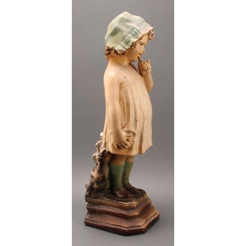 3016 - An early 20th century large chalk figure, The Shy Girl, in blue bonnet, 58cm, c.1920