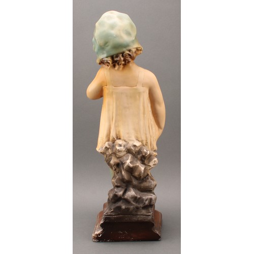 3016 - An early 20th century large chalk figure, The Shy Girl, in blue bonnet, 58cm, c.1920