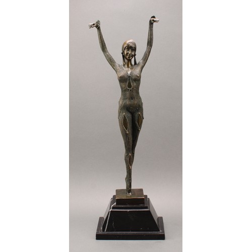 3388 - An Art Deco style bronzed Dancing Girl sculpture, en pointe with arms raised, signed A Leonard in th... 