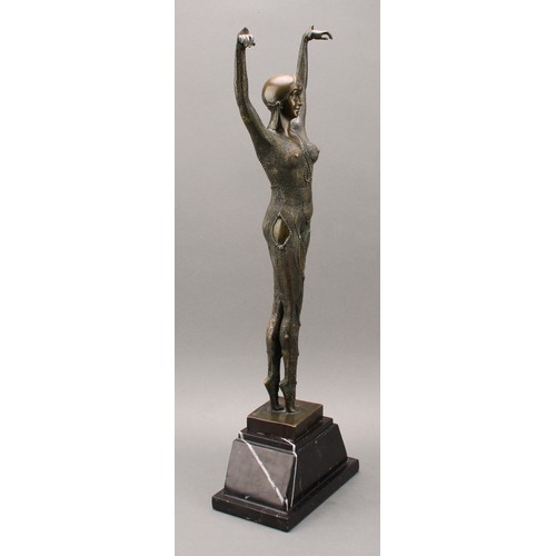 3388 - An Art Deco style bronzed Dancing Girl sculpture, en pointe with arms raised, signed A Leonard in th... 