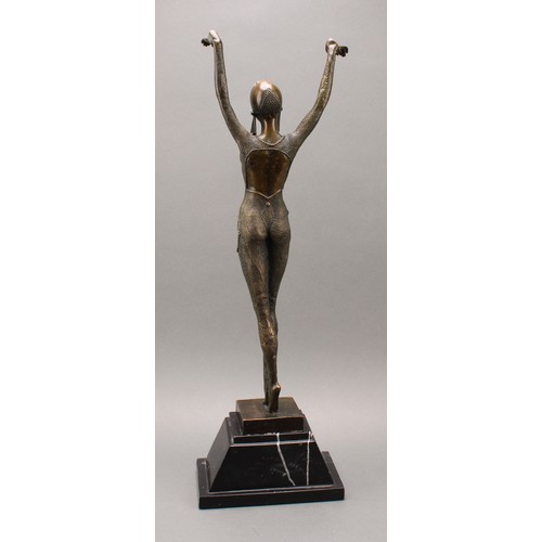 3388 - An Art Deco style bronzed Dancing Girl sculpture, en pointe with arms raised, signed A Leonard in th... 