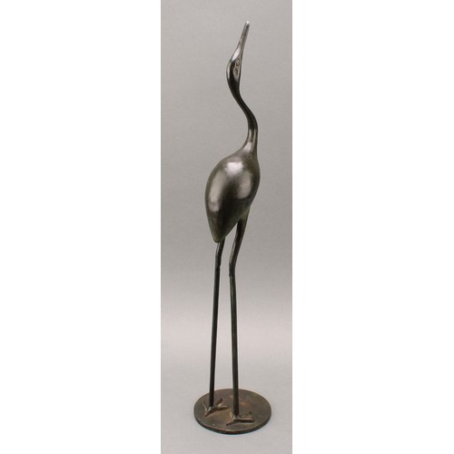 3399 - Modern School, a pair of verdigris patinated bronzes, of cranes, circular bases, 53.5cm and 40cm hig... 