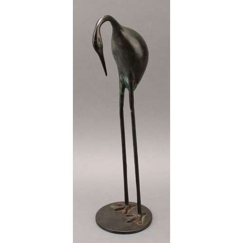 3399 - Modern School, a pair of verdigris patinated bronzes, of cranes, circular bases, 53.5cm and 40cm hig... 