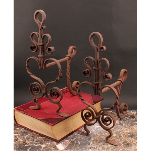 3369 - A pair of Arts and Crafts wrought iron fire dogs or andirons, worked with scrolls and heart shaped m... 