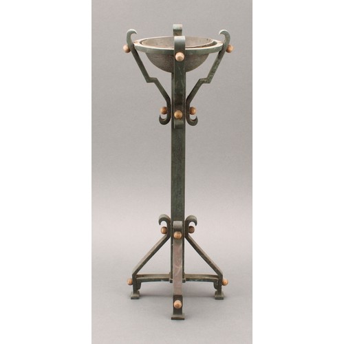 3370 - A pair of Secessionist period verdigris patinated and parcel-gilt table pricket candlesticks, of Got... 