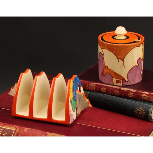 3085 - Clarice Cliff Fantasque Bizarre Autumn pattern three division toast rack printed marks, 7.4cm x 15.5... 