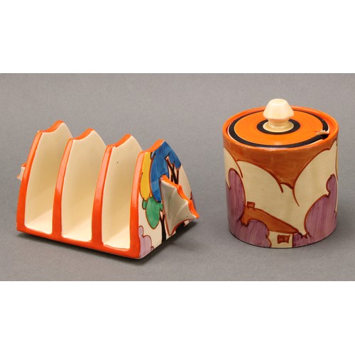 3085 - Clarice Cliff Fantasque Bizarre Autumn pattern three division toast rack printed marks, 7.4cm x 15.5... 