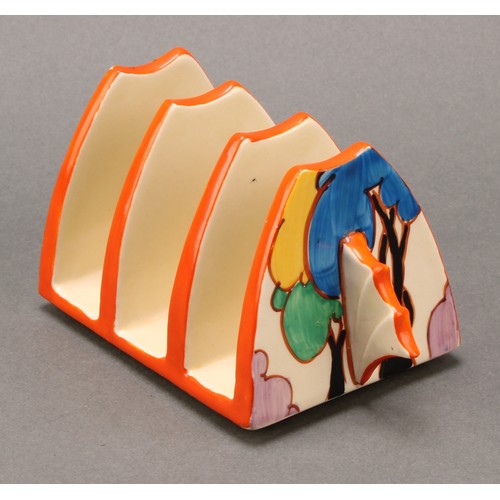 3085 - Clarice Cliff Fantasque Bizarre Autumn pattern three division toast rack printed marks, 7.4cm x 15.5... 