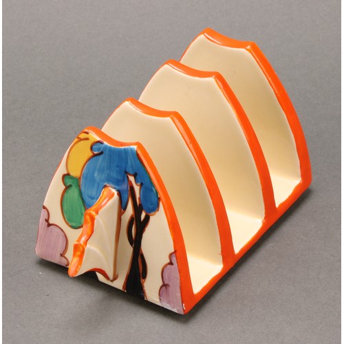 3085 - Clarice Cliff Fantasque Bizarre Autumn pattern three division toast rack printed marks, 7.4cm x 15.5... 