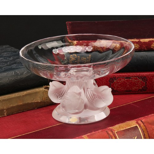 3242 - A Lalique Nogent clear and frosted glass bowl on pedestal base supported by four birds above a circu... 