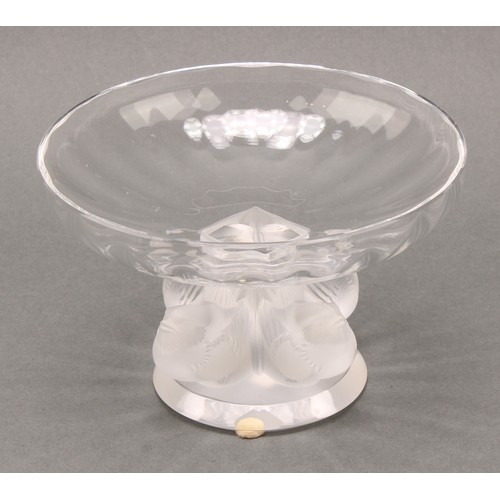 3242 - A Lalique Nogent clear and frosted glass bowl on pedestal base supported by four birds above a circu... 