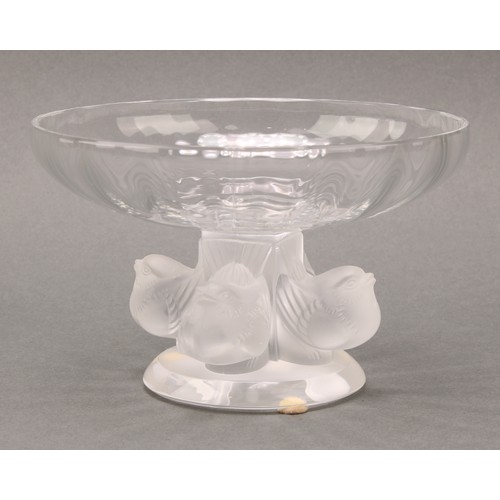 3242 - A Lalique Nogent clear and frosted glass bowl on pedestal base supported by four birds above a circu... 