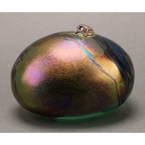 3218 - A John Ditchfield Glasform ovoid iridescent paperweight, with hallmarked silver frog, 6.5cm high, en... 