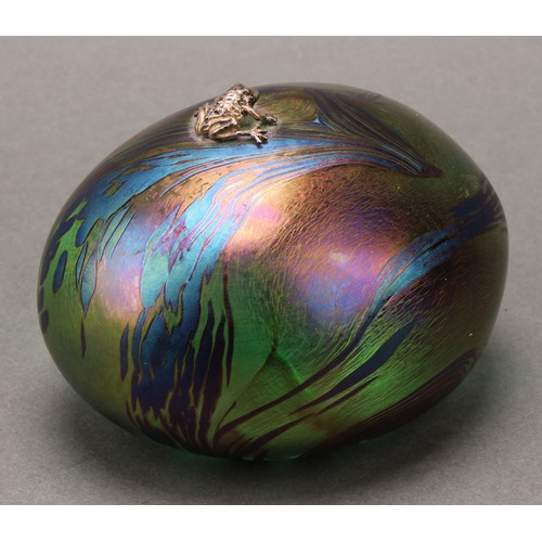 3218 - A John Ditchfield Glasform ovoid iridescent paperweight, with hallmarked silver frog, 6.5cm high, en... 