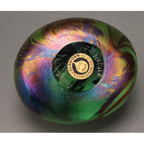 3218 - A John Ditchfield Glasform ovoid iridescent paperweight, with hallmarked silver frog, 6.5cm high, en... 