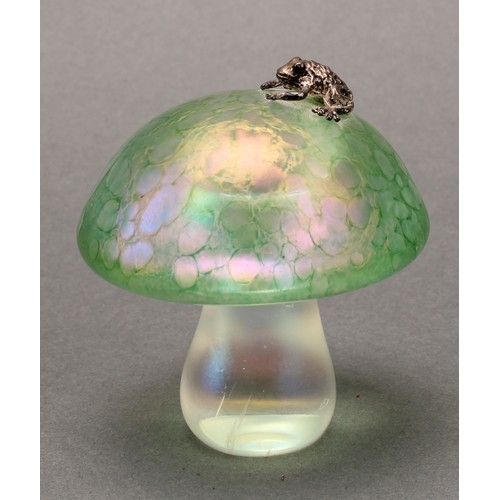 3218 - A John Ditchfield Glasform ovoid iridescent paperweight, with hallmarked silver frog, 6.5cm high, en... 