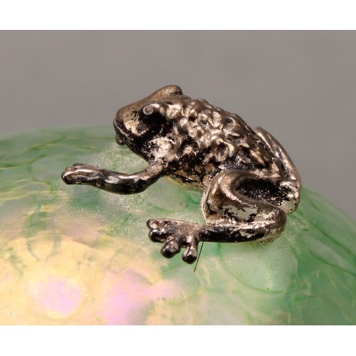 3218 - A John Ditchfield Glasform ovoid iridescent paperweight, with hallmarked silver frog, 6.5cm high, en... 