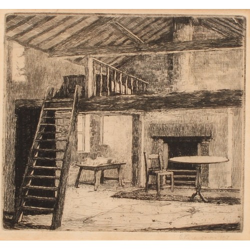 3295 - **lang**, by and after, Cottage Interior with Loft, etching, signed in pencil, 13.5cm x 15cm