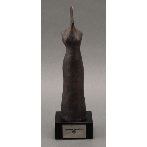 3267 - Czech School (20th century), a Modernist iron sculpture, Abstract Figure, marble base, 29cm high ove... 