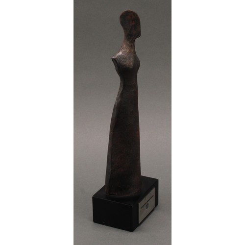 3267 - Czech School (20th century), a Modernist iron sculpture, Abstract Figure, marble base, 29cm high ove... 