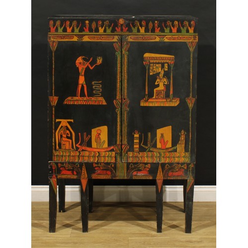 3415 - An Egyptian Revival design side cabinet, ebonised and polychrome decorated in the manner of The Grea... 