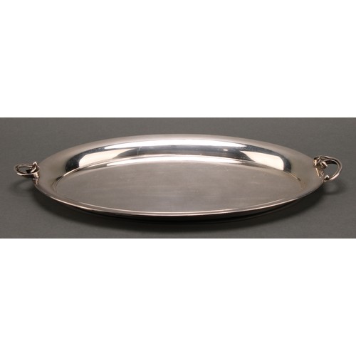 3311 - A Danish E.P.N.S oval cocktail tray, in the Georg Jensen manner, lotus scroll handles, 35cm wide, mi... 