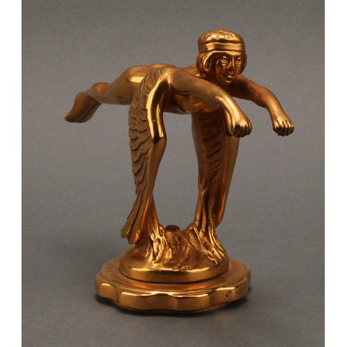 3390 - Automobilia - an Art Deco gilt bronze car mascot or hood ornament, by AE Lejeune, cast as a flying f... 