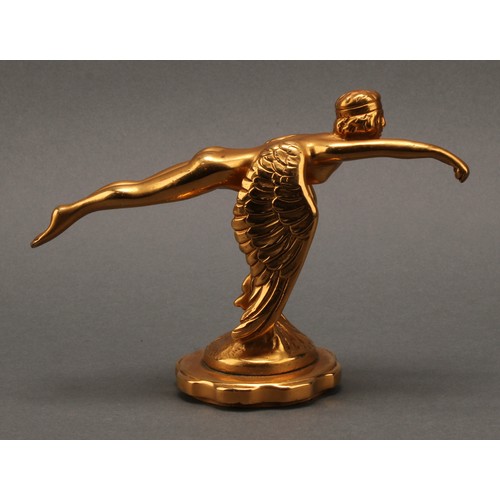 3390 - Automobilia - an Art Deco gilt bronze car mascot or hood ornament, by AE Lejeune, cast as a flying f... 