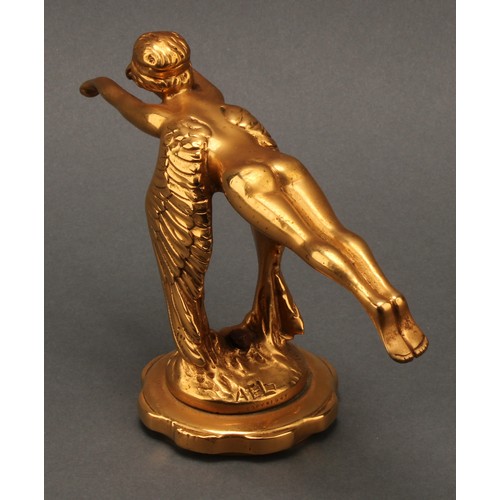 3390 - Automobilia - an Art Deco gilt bronze car mascot or hood ornament, by AE Lejeune, cast as a flying f... 