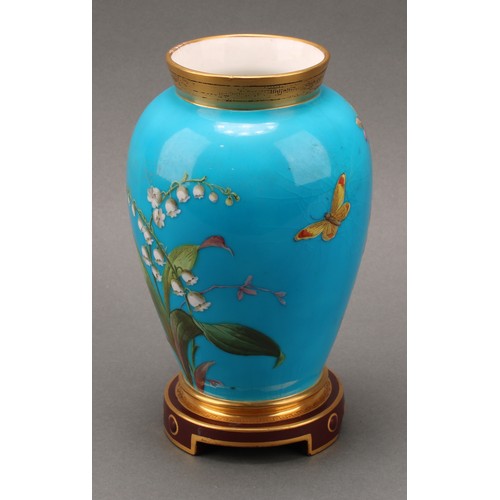 3035 - A pair of Mintons Aesthetic Movement chinoiserie ovoid vases, enamelled with blossom and insects on ... 