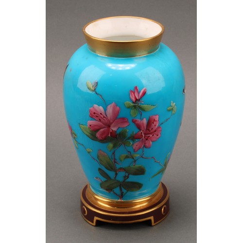 3035 - A pair of Mintons Aesthetic Movement chinoiserie ovoid vases, enamelled with blossom and insects on ... 