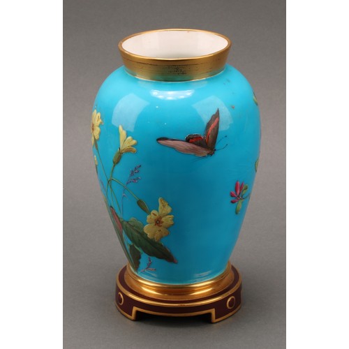 3035 - A pair of Mintons Aesthetic Movement chinoiserie ovoid vases, enamelled with blossom and insects on ... 