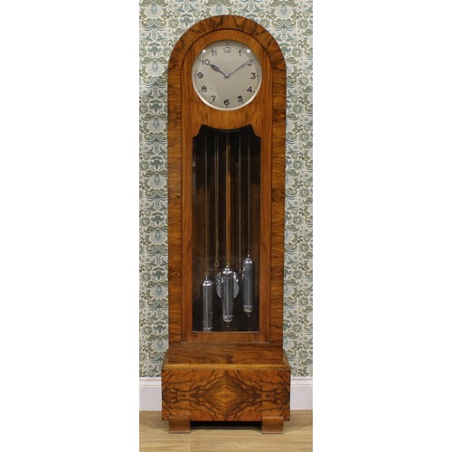 3329 - An Art Deco walnut longcase clock, 29.5cm dial applied and inscribed with Arabic numerals, eight day... 