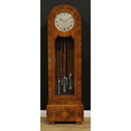 3329 - An Art Deco walnut longcase clock, 29.5cm dial applied and inscribed with Arabic numerals, eight day... 