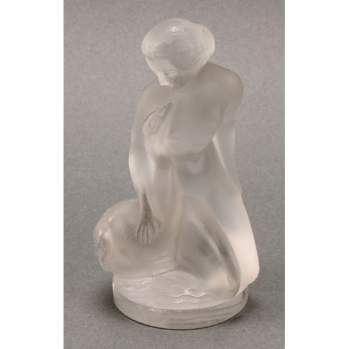 3247 - A Lalique opalescent glass figure, of Leda And The Swan, mark to base, 11.5cm high