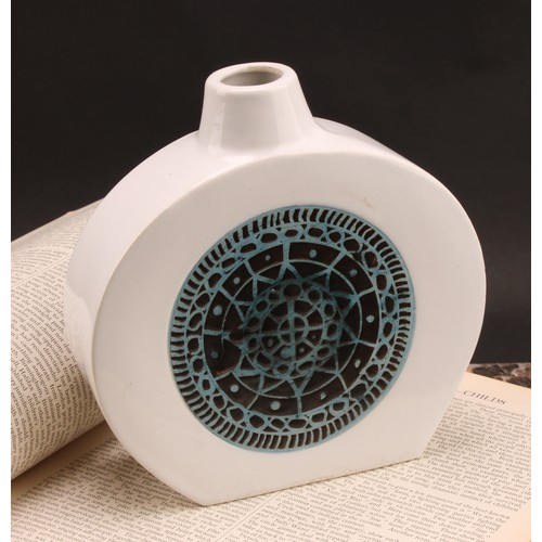 3205 - Studio Pottery - a Troika slab wheel vase, glazed with Islamic patterns in tones of blue and grey on... 